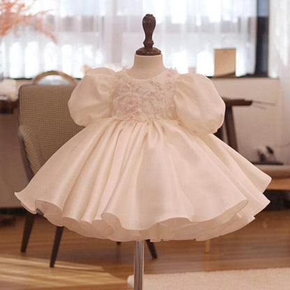 White A-Line Satin Puff Sleeve Princess Party Dress for Girls