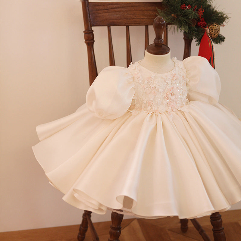 White A-Line Satin Puff Sleeve Princess Party Dress for Girls