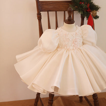 White A-Line Satin Puff Sleeve Princess Party Dress for Girls