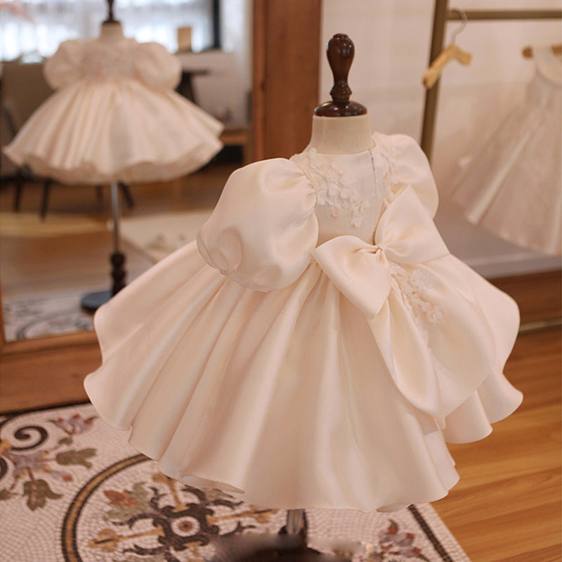 White A-Line Satin Puff Sleeve Princess Party Dress for Girls