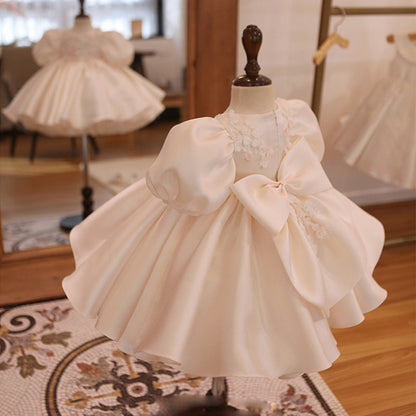 White A-Line Satin Puff Sleeve Princess Party Dress for Girls