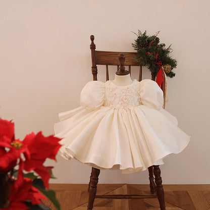 White A-Line Satin Puff Sleeve Princess Party Dress for Girls
