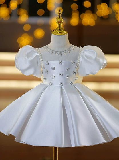 White Satin Princess Ball Gown for Flower Girls – Illusion Neckline, Beaded & Ruffled