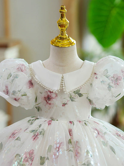 White Sequin Collared Princess Ball Gown Dress for Girls | Tea Length Flower Girl Dress