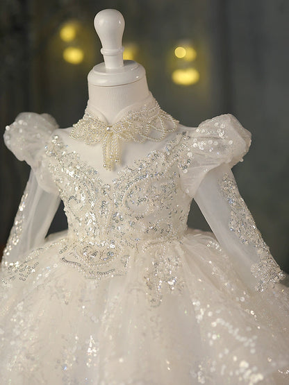 White Sequin Flower Girl Dress | Puffy Ball Gown for Parties & Weddings