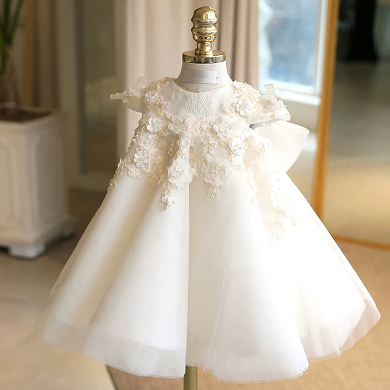 White A-Line Tulle Flower Girl Dress with Appliqué & Sequins – Princess Party Dress for Girls