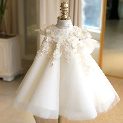 White A-Line Tulle Flower Girl Dress with Appliqué & Sequins – Princess Party Dress for Girls