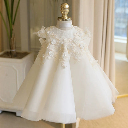 White A-Line Tulle Flower Girl Dress with Appliqué & Sequins – Princess Party Dress for Girls