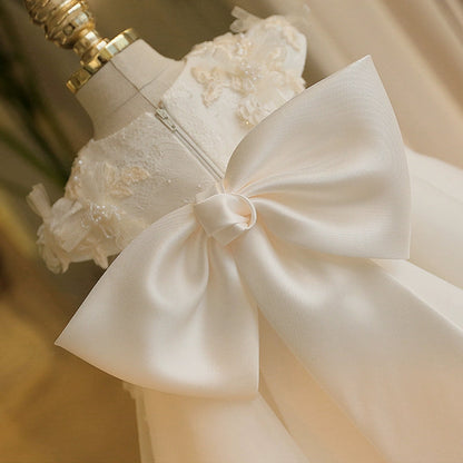 White A-Line Tulle Flower Girl Dress with Appliqué & Sequins – Princess Party Dress for Girls