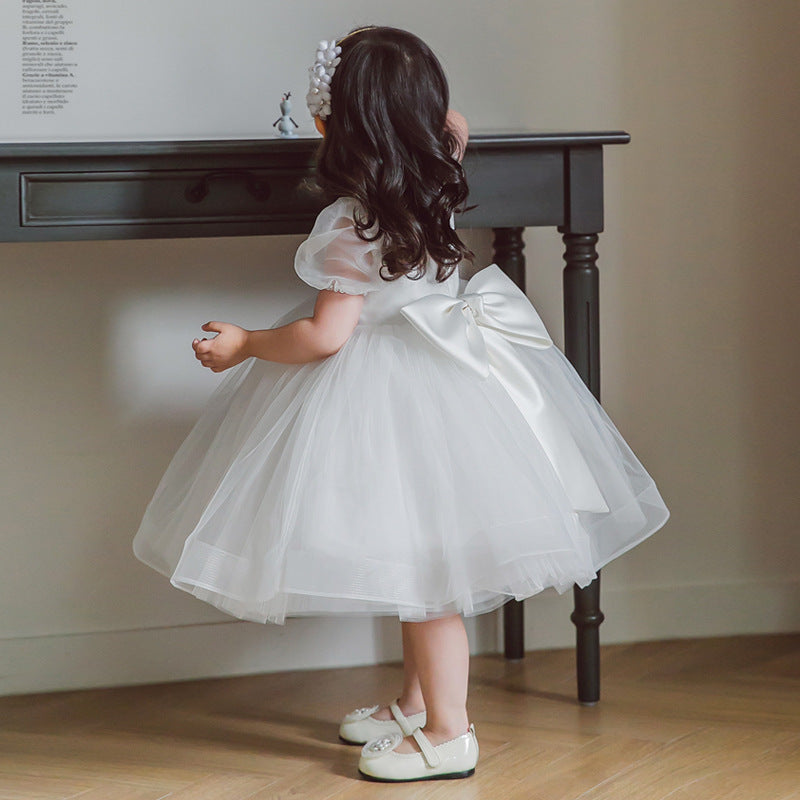 White Tulle Flower Girl Dress with Bow & Sequins – Knee Length Party & Baptism Dress