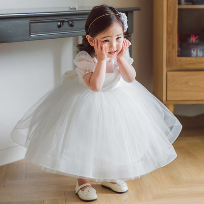 White Tulle Flower Girl Dress with Bow & Sequins – Knee Length Party & Baptism Dress