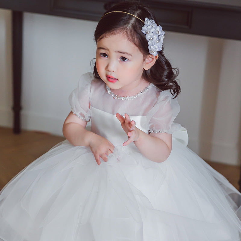 White Tulle Flower Girl Dress with Bow & Sequins – Knee Length Party & Baptism Dress