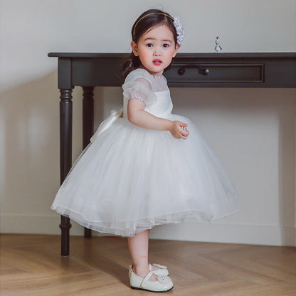 White Tulle Flower Girl Dress with Bow & Sequins – Knee Length Party & Baptism Dress