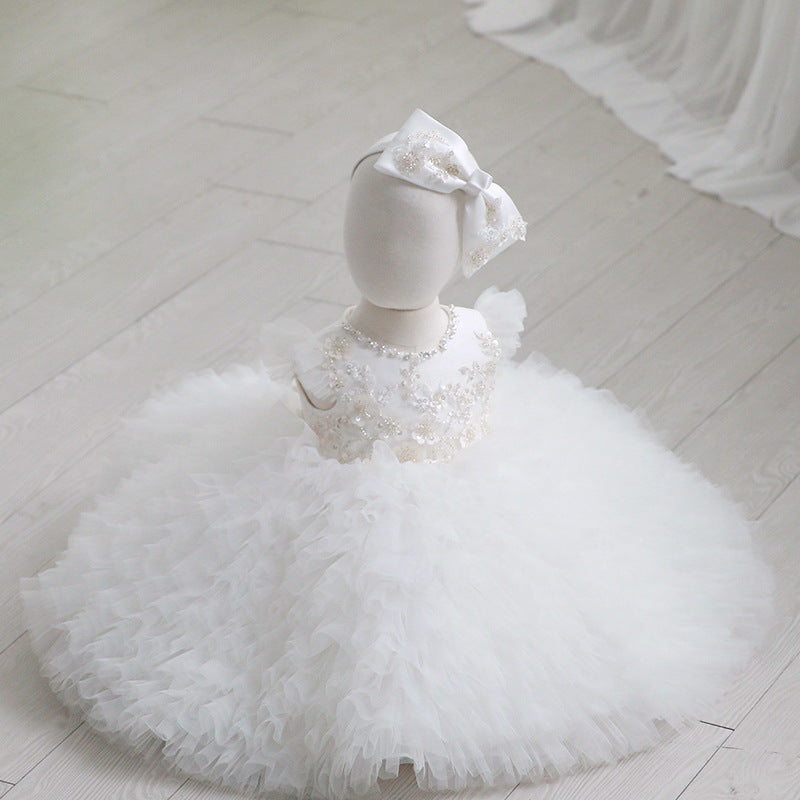 Cute White Tulle A-line Flower Girl Dress with Sequins and Flowers for Kids