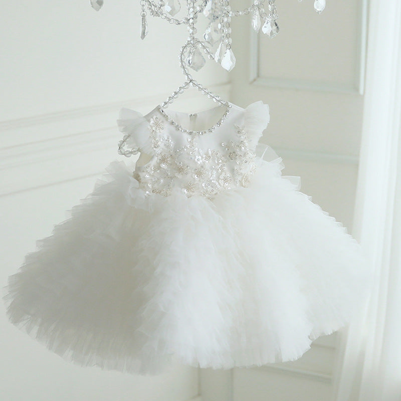 Cute White Tulle A-line Flower Girl Dress with Sequins and Flowers for Kids