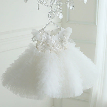 Cute White Tulle A-line Flower Girl Dress with Sequins and Flowers for Kids