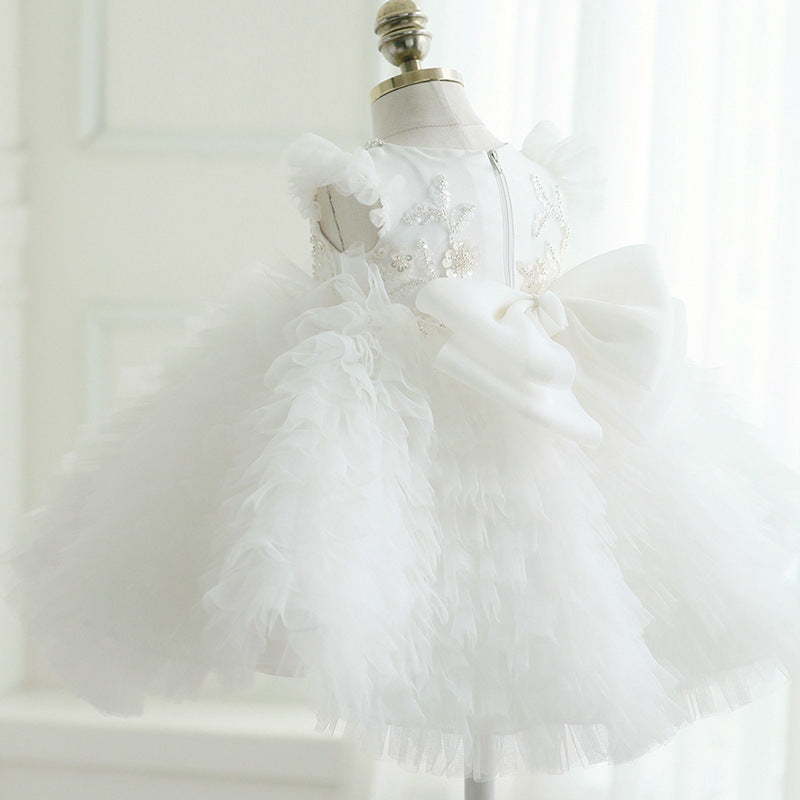 Cute White Tulle A-line Flower Girl Dress with Sequins and Flowers for Kids