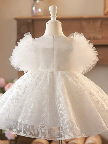 White Tulle Princess Ball Gown Dress for Girls | Bowknot & Lace Party Dress
