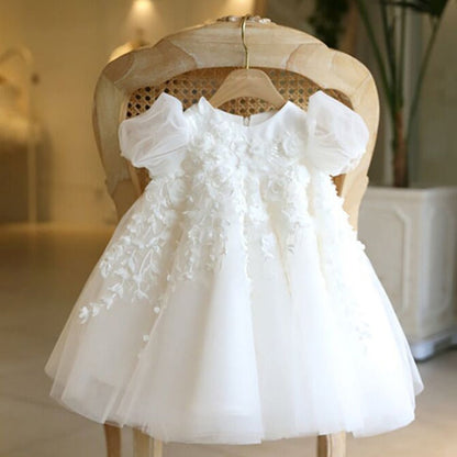 White Tulle Flower Girl Dress with Floral and Bowknot Details