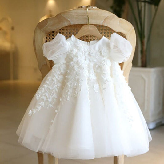 White Tulle Flower Girl Dress with Floral and Bowknot Details
