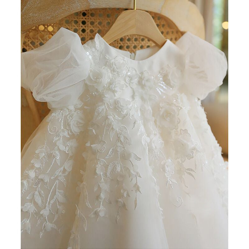 White Tulle Flower Girl Dress with Floral and Bowknot Details