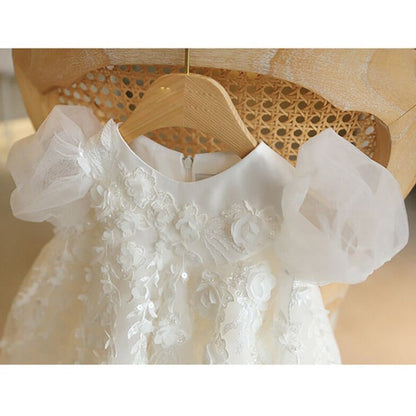 White Tulle Flower Girl Dress with Floral and Bowknot Details