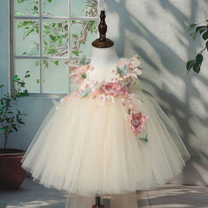 Yellow 3D Flower Tulle Princess Dress for Girls – Birthday & Party Outfit