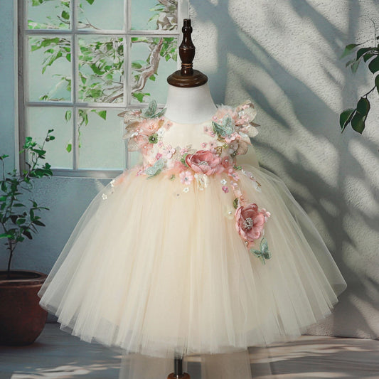 Yellow 3D Flower Tulle Princess Dress for Girls – Birthday & Party Outfit