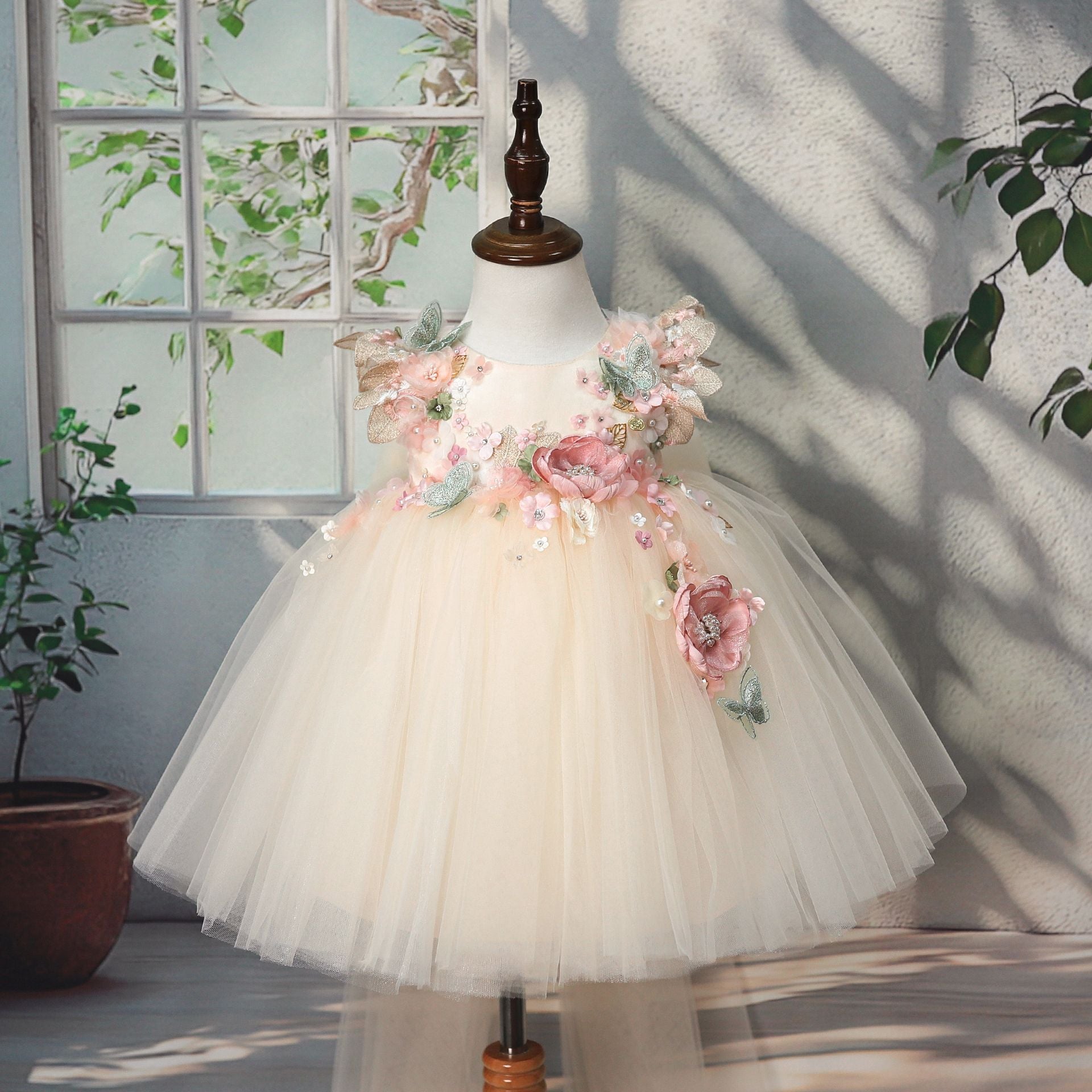 Yellow 3D Flower Tulle Princess Dress for Girls – Birthday & Party Outfit