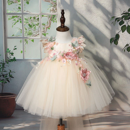 Yellow 3D Flower Tulle Princess Dress for Girls – Birthday & Party Outfit