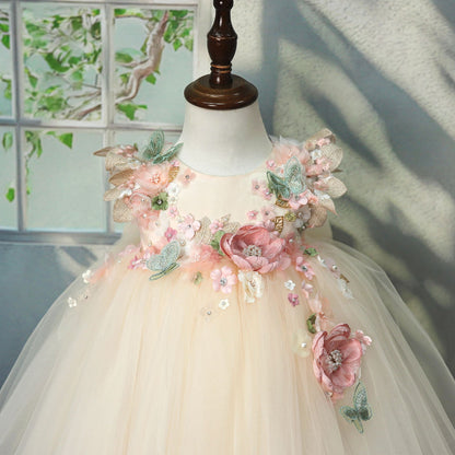 Yellow 3D Flower Tulle Princess Dress for Girls – Birthday & Party Outfit