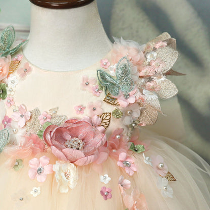 Yellow 3D Flower Tulle Princess Dress for Girls – Birthday & Party Outfit