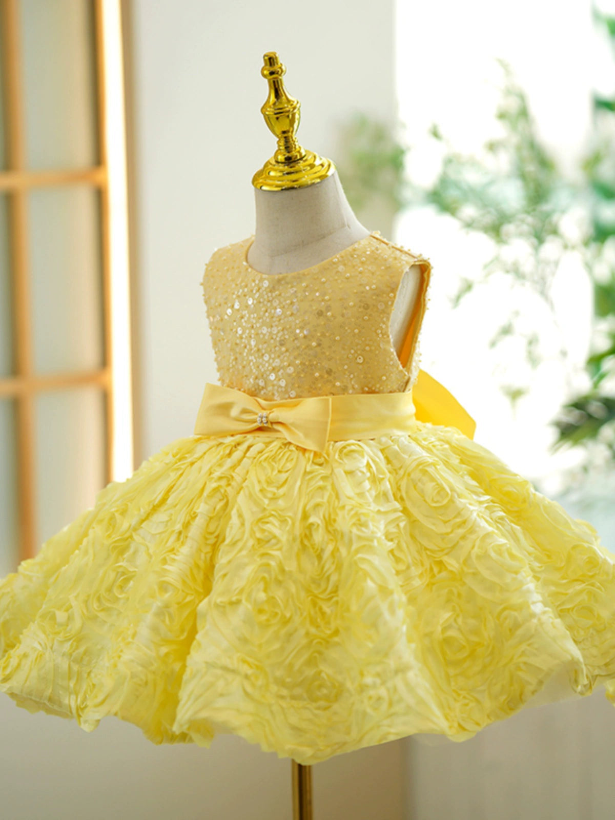 yellow puffy dress Yellow Sequin Puffy Flower Girl Dress with Bowknot - Yellow / 2-3 Years (100cm)