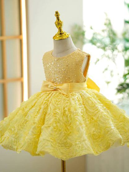 Yellow Sequin Puffy Flower Girl Dress – Adorable Kids Party Gown