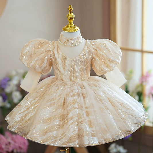 Princess Champagne Sequined Back Zip Baptism Beaded Tea Length 1/2 Sleeve Puff Sleeve Mock Neck Flower Girl Dress