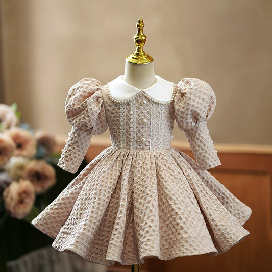 Princess Champagne Satin Back Zip Baptism Lace Tea Length 3/4 Sleeve Puff Sleeve Collared Neck Flower Girl Dress