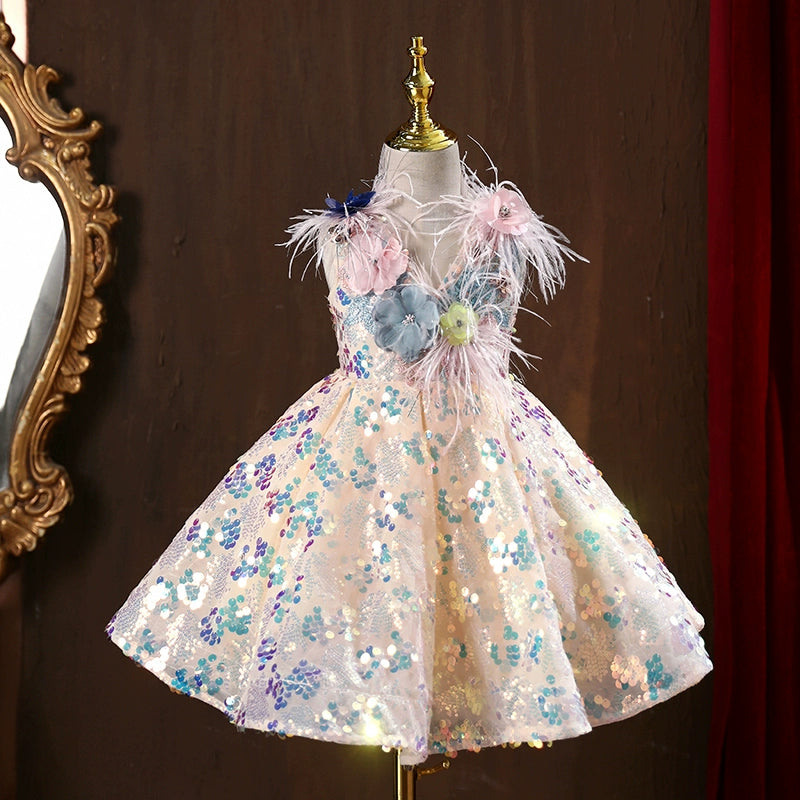 A-line Champagne Sequined Back Zip Baptism Flower(s) Tea Length Sleeveless V-Neck Flower Girl Dress