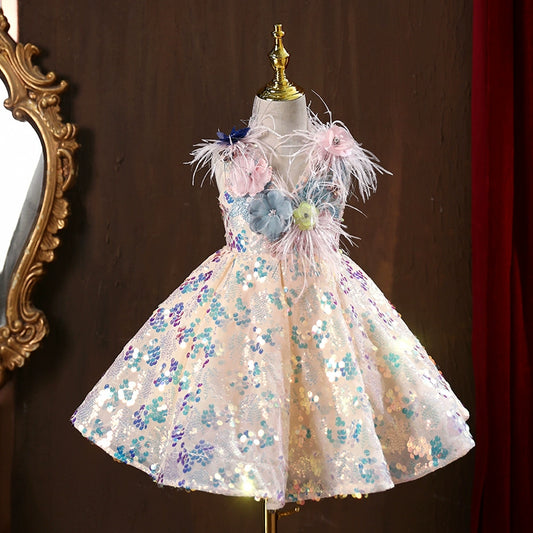 A-line Champagne Sequined Back Zip Baptism Flower(s) Tea Length Sleeveless V-Neck Flower Girl Dress