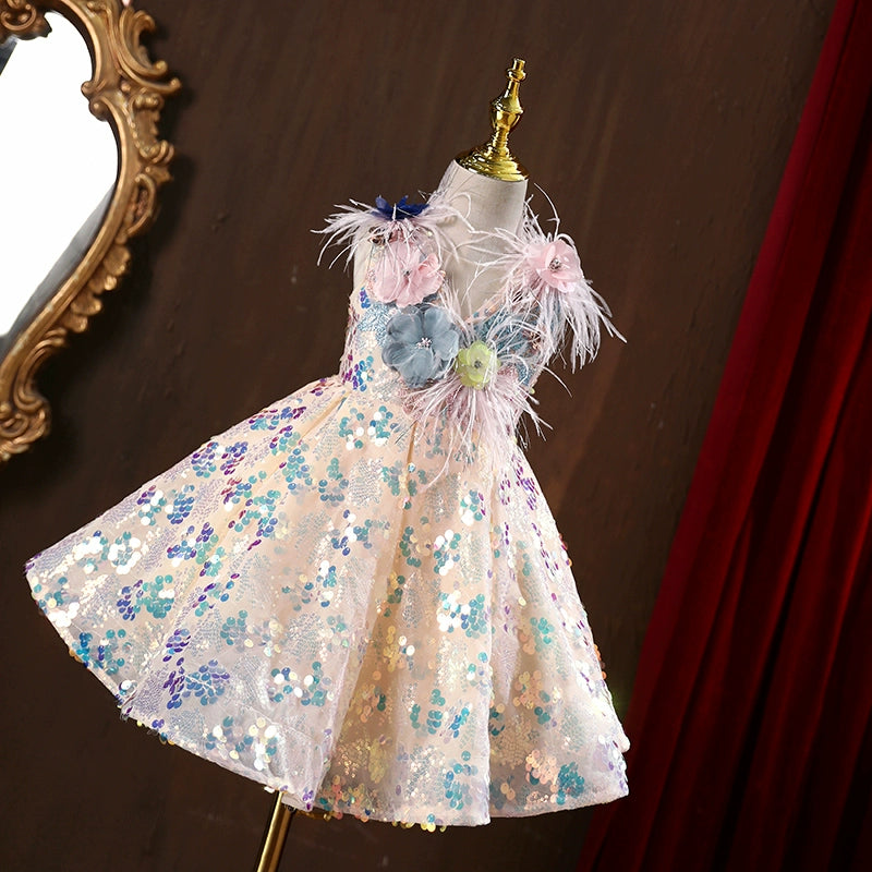 A-line Champagne Sequined Back Zip Baptism Flower(s) Tea Length Sleeveless V-Neck Flower Girl Dress