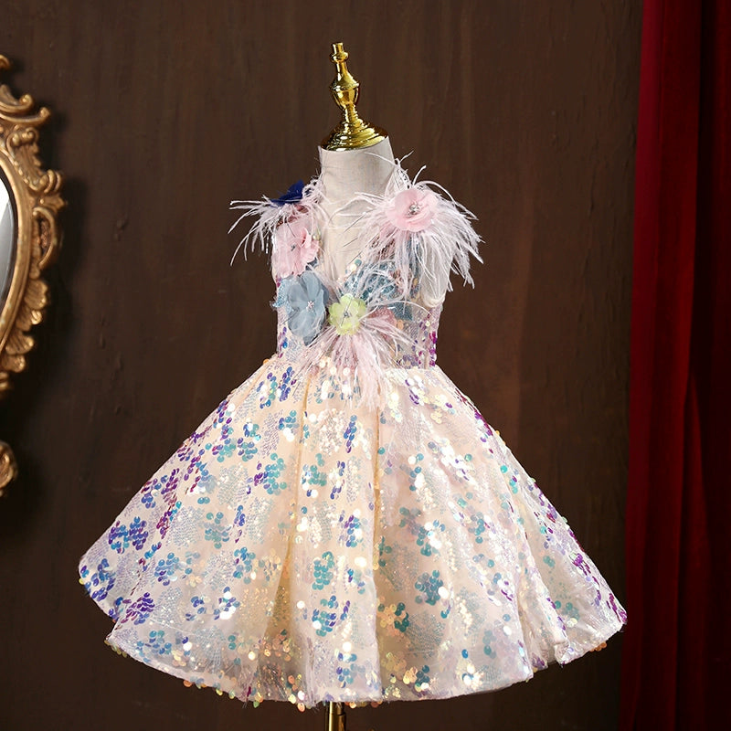 A-line Champagne Sequined Back Zip Baptism Flower(s) Tea Length Sleeveless V-Neck Flower Girl Dress