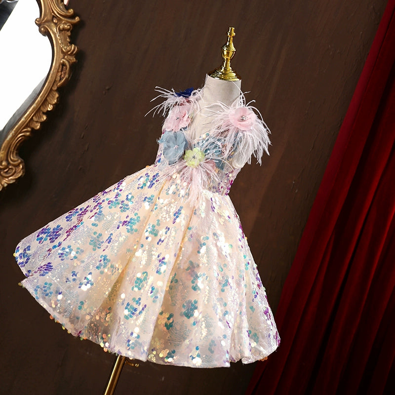 A-line Champagne Sequined Back Zip Baptism Flower(s) Tea Length Sleeveless V-Neck Flower Girl Dress