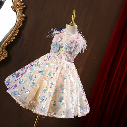A-line Champagne Sequined Back Zip Baptism Flower(s) Tea Length Sleeveless V-Neck Flower Girl Dress