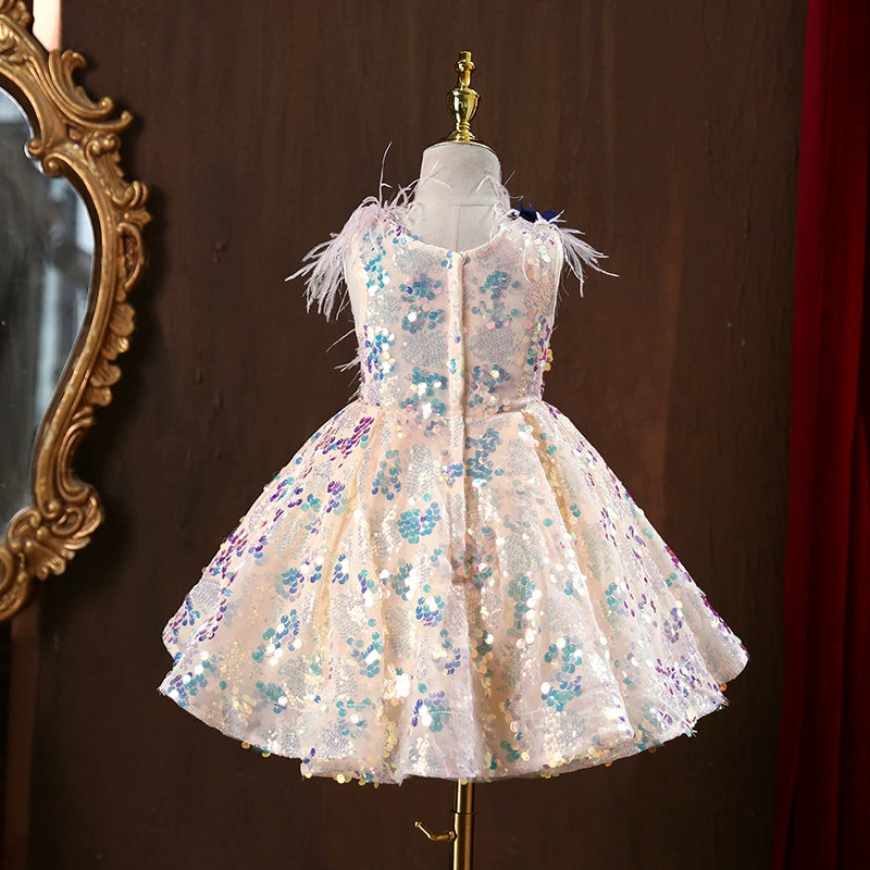 A-line Champagne Sequined Back Zip Baptism Flower(s) Tea Length Sleeveless V-Neck Flower Girl Dress