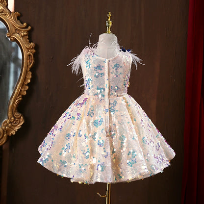 A-line Champagne Sequined Back Zip Baptism Flower(s) Tea Length Sleeveless V-Neck Flower Girl Dress