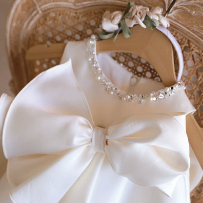 A-line White Satin Back Zip Baptism Bow(s) Tea Length Sleeveless Round Flower Girl Dress