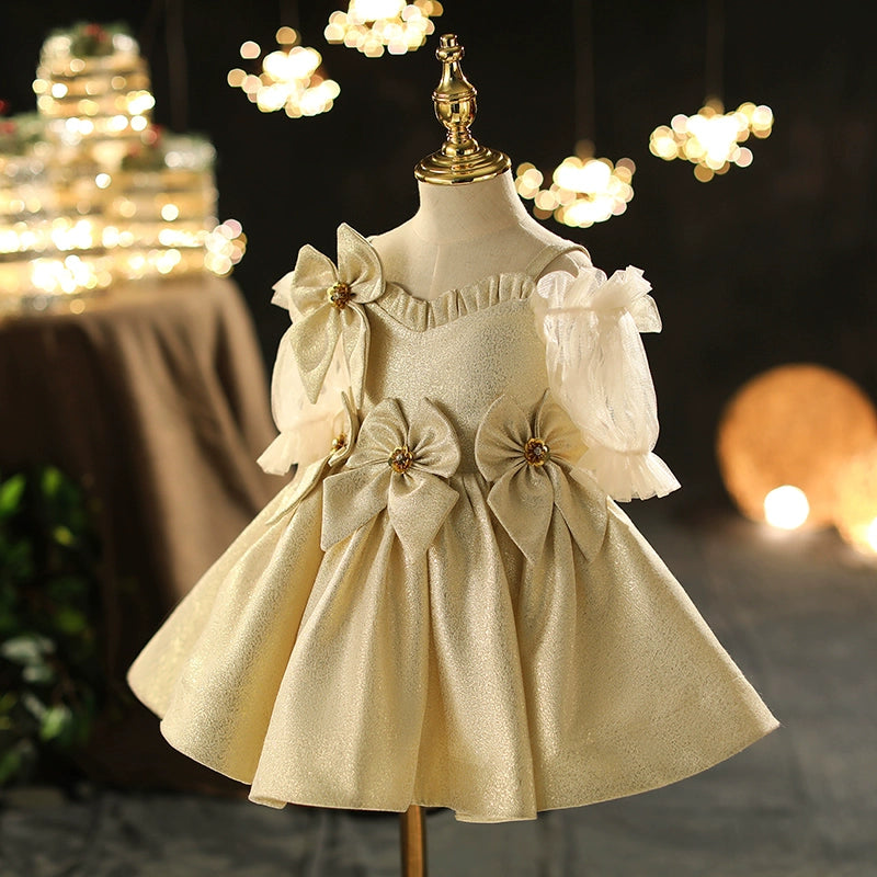 Champagne Satin Back Zip Baptism Bow(s) Tea Length Short Sleeve Cold Shoulder Sleeve V-Neck Flower Girl Dress
