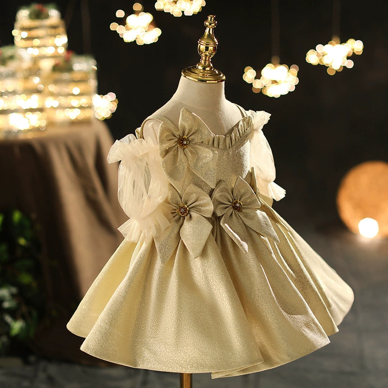 Champagne Satin Back Zip Baptism Bow(s) Tea Length Short Sleeve Cold Shoulder Sleeve V-Neck Flower Girl Dress