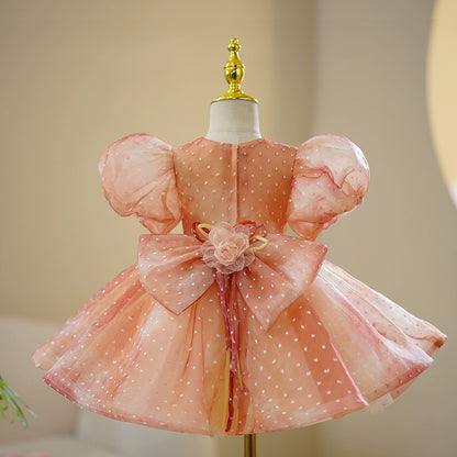 Dusty Rose Organza Back Zip Baptism Bow(s) Tea Length Short Sleeve Puff Sleeve Round Flower Girl Dress