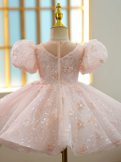 Pink Sequined Back Zip Baptism Sequins Tea Length Short Sleeve Puff Sleeve V-Neck Flower Girl Dress