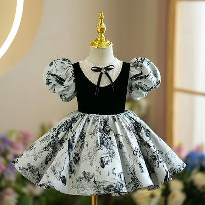 Princess Black Satin Back Zip Baptism Beaded Tea Length Short Sleeve Puff Sleeve Jewel Neck Flower Girl Dress
